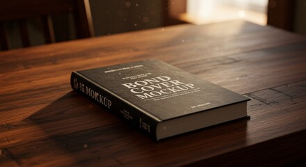 A black book with a blank cover mockup resting on a rustic wooden table in a sunlit room.