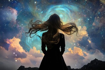 surreal dreams of a woman with hair flowing into the cosmos