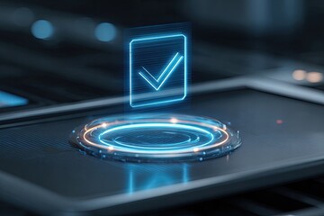 Holographic checkmark icon on a futuristic touch panel