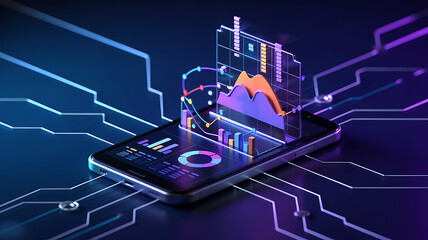 Visualize dynamic data trends on a smartphone with futuristic digital charts and glowing circuits