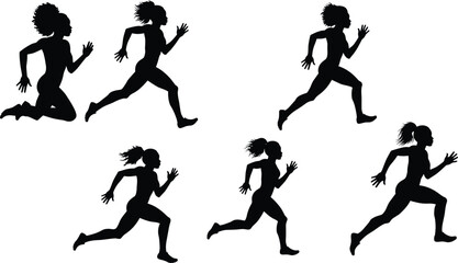 Female athlete silhouette running in various poses, fitness woman sprinting, workout exercise, black vector illustration, dynamic sports movement, speed
