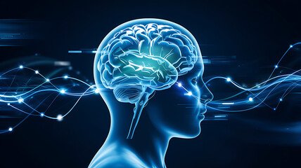 Dynamic glowing brain silhouette with abstract light waves symbolizing cognition and neural pathways