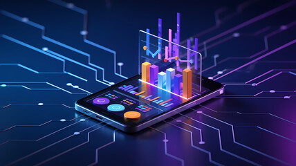 Fototapeta premium Dynamic mobile analytics dashboard visualizes financial growth on glowing circuit board