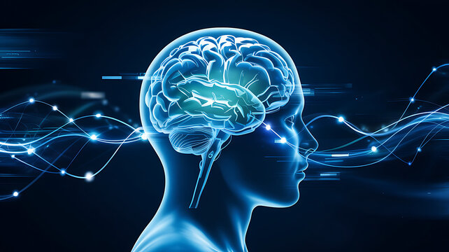 Dynamic glowing brain silhouette with abstract light waves symbolizing cognition and neural pathways - Powered by Adobe