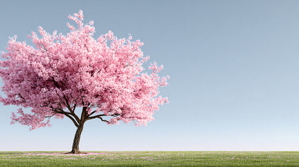 A vibrant cherry blossom tree in full bloom stands against a clear, pale blue sky, on a grassy field.