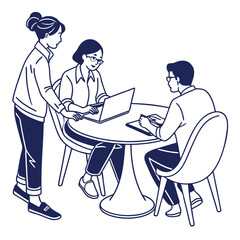 Three people collaborating around a table with a laptop.