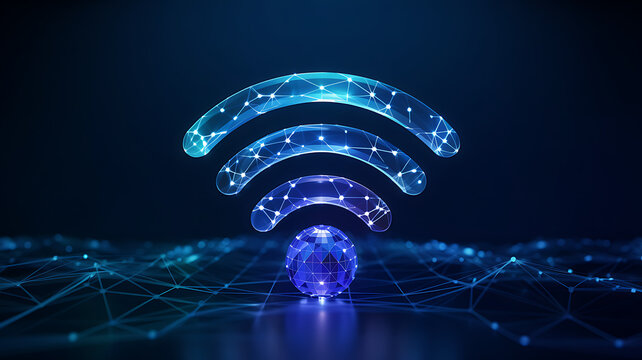 Dynamic digital network glowing with wifi symbol and abstract globe, representing connectivity and innovation