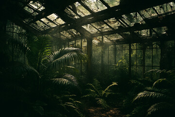 Sunlight streams through the overgrown roof of a forgotten abandoned greenhouse filled with lush green plants and vines