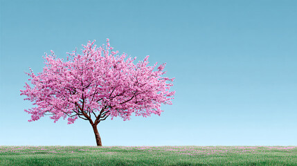 A solitary pink flowering tree in a grassy field against a clear light blue sky.