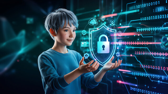 Young child holds glowing digital shield with lock, representing cybersecurity and future technology protection