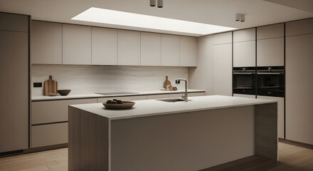 A modern, minimalist kitchen with a large island and integrated appliances, illuminated by a skylight.