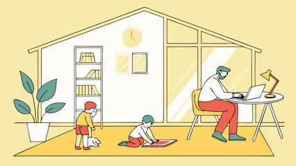 Father working from home on a laptop while his children play on the floor.