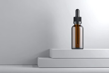 Amber glass dropper bottle on a white pedestal