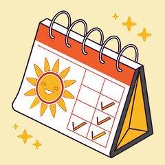 Cheerful desk calendar with a smiling sun and check marks for planning.