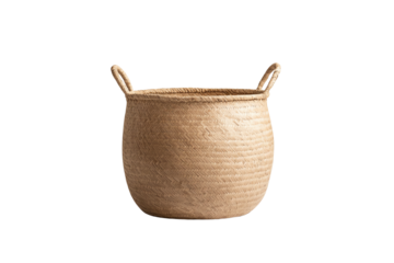 Handwoven natural basket with two handles on a white background.