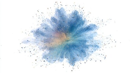 Powder explosion, blue and beige dust cloud on white background