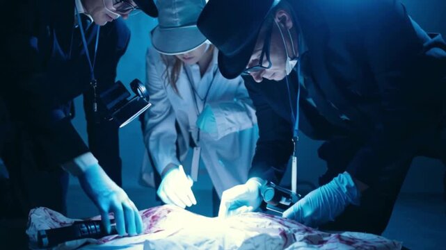 Forensic investigators examining crime scene evidence using gloves and tools, criminal investigation process, police teamwork, forensic science analysis, mystery solving, justice concept.