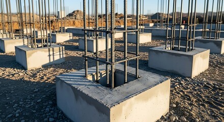 Construction site with concrete foundations and steel reinforcement.