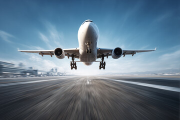 Obraz premium Commercial Airplane Taking Off from Runway with Blue Sky 