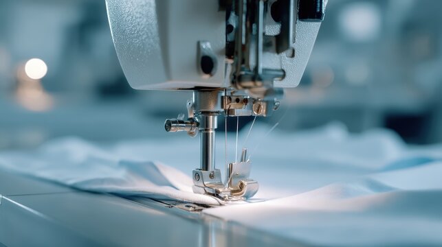 Fashion industry transformation. Close-up of a sewing machine stitching fabric in a workshop setting. - Powered by Adobe
