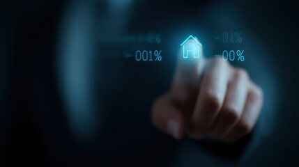 Real estate mortgage rates concept, finger touching house icon on digital screen