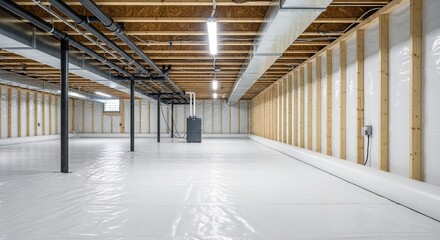 Clean and Bright A Modern Basement Interior Ready for Finishing with Vapor Barrier