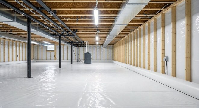 Clean and Bright A Modern Basement Interior Ready for Finishing with Vapor Barrier