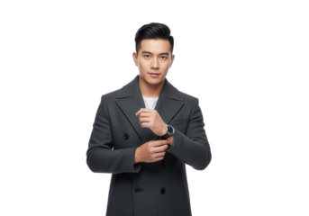 Stylish Asian Man in Coat Checking Watch on White Background
