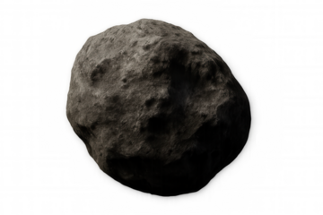 Dark asteroid spinning amid cosmic darkness, transparent background highlighting astronomical detail for sci-fi and educational graphics