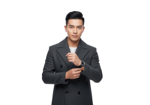 Stylish Asian Man in Coat Checking Watch on White Background