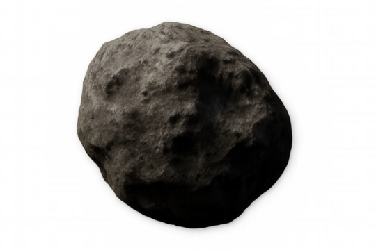 Dark asteroid spinning amid cosmic darkness, transparent background highlighting astronomical detail for sci-fi and educational graphics