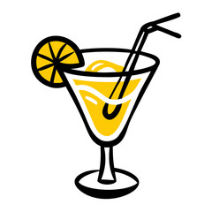 Stylized yellow cocktail with lemon slice on black background