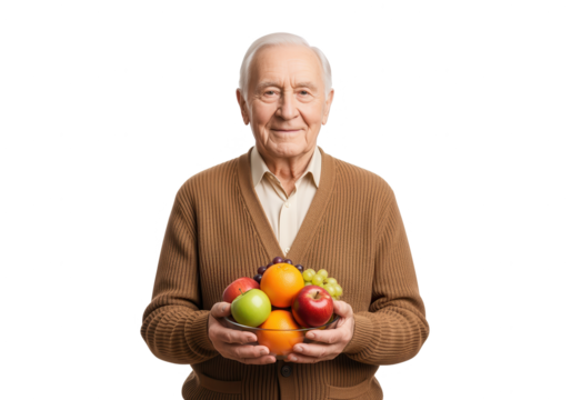 Smiling Senior Man Holding Bowl of Fresh Fruit - Powered by Adobe
