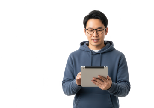 Asian Man Using Tablet Device on White Background