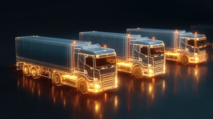 Three futuristic glowing trucks on dark background