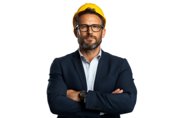 Confident business professional in a suit with arms crossed, isolated on a white background.