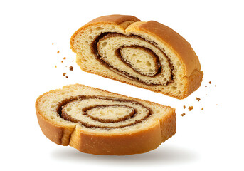 Fototapeta premium Freshly baked cinnamon swirl bread cut into floating slices on a white background