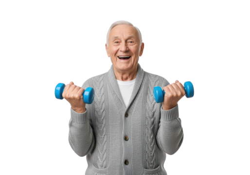 Active Senior Man Exercising with Dumbbells, Smiling