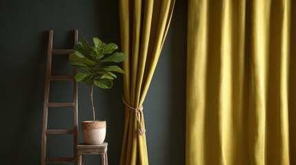 Yellow curtain and a plant on chair in room interior