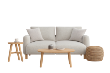 Modern living room setup with a cozy couch, wooden table, and decorative elements on a white isolate background.