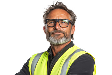 Confident male construction worker with glasses, wearing a high-visibility vest, poses proudly against a white background.