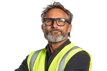 Confident male construction worker with glasses, wearing a high-visibility vest, poses proudly against a white background.