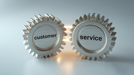 Two metallic gears interlock, labeled "customer" and "service," symbolizing the connection and collaboration essential for effective customer service operations