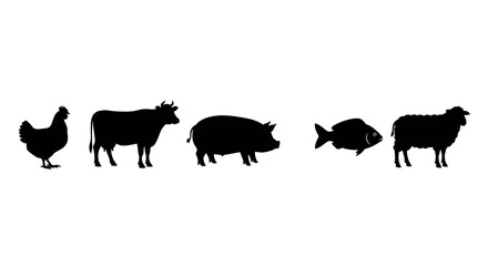 Farm Animals Fish Silhouettes Chicken Cow Pig Fish Sheep Black and White Vector Illustration