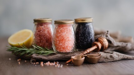 Three jars of flavored salt with lemon and rosemary