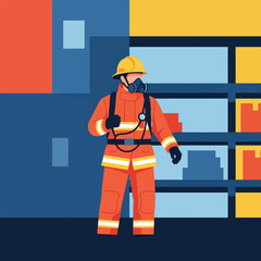 A firefighter in full protective gear, including a helmet and respirator, stands in front of a building.