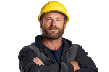 Confident construction worker wearing a hard hat, arms crossed, showcasing professionalism and strength.