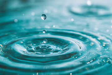 Clear water droplets falling into a calm blue pool, creating ripples and concentric circles on the water surface in a close-up macro shot