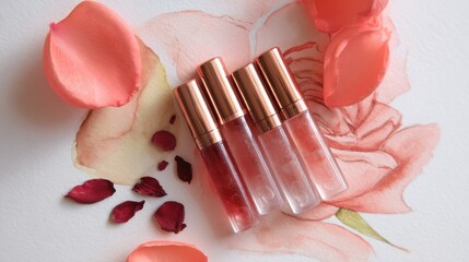 Four lip gloss tubes with rose petals on artistic background