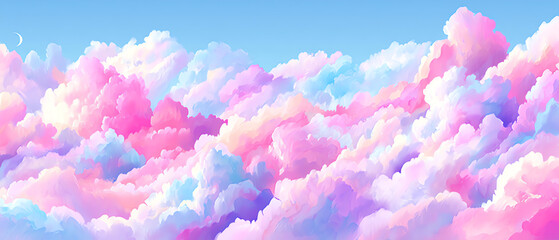 Fototapeta premium Soft, fluffy clouds in pastel shades of pink, purple, and blue fill the sky with a dreamy, surreal, and calming atmosphere under a crescent moon